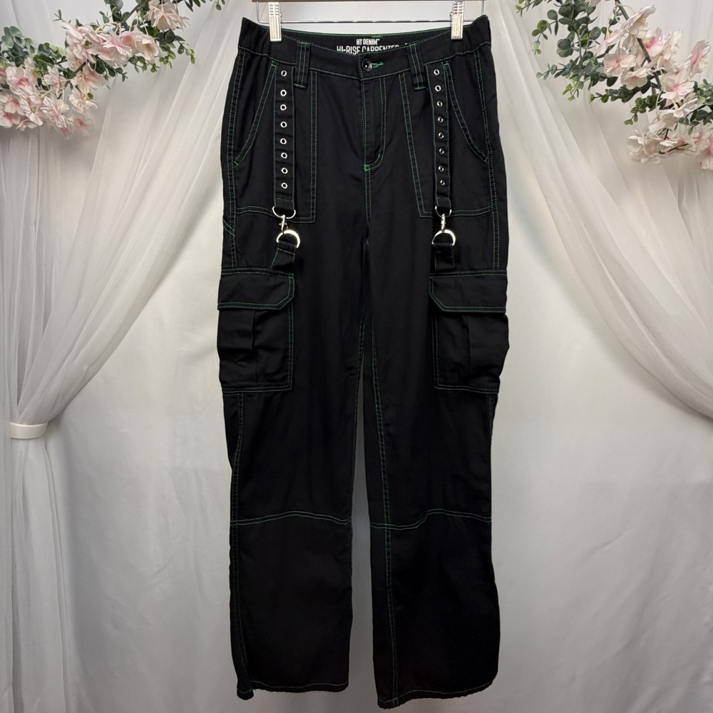 HT Denim Carpenter Black Green Hi-Rise Cargo Pants Size 5 Women's